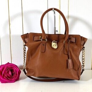 Michael Kors Hamilton Satchel Purse Cognac Leather Gold Hardware Top Handle bag